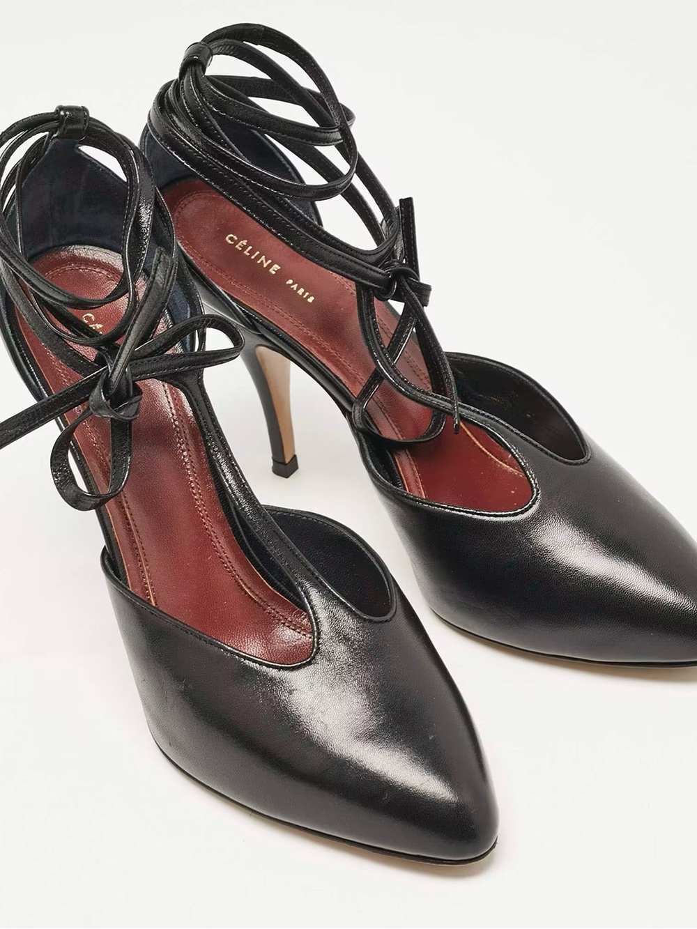 Celine Black Leather Lace-Up Pointed-Toe Stiletto Heels - Picture 2 of 8